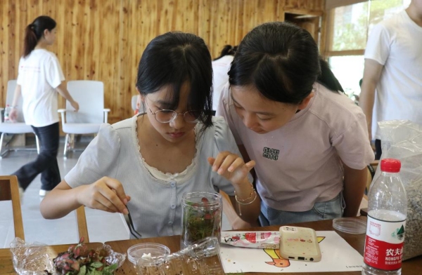 服务团成员引导小朋友亲手设计生态瓶布局。bw必威西汉姆联官方网站供图